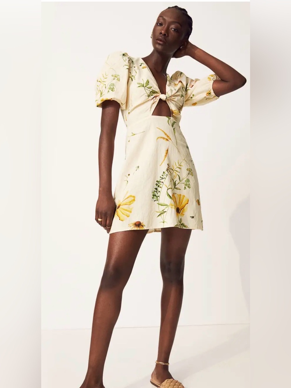 H&M Wildflower Collection Linen Blend Floral Cutout Puff Sleeve Mini Dress Small